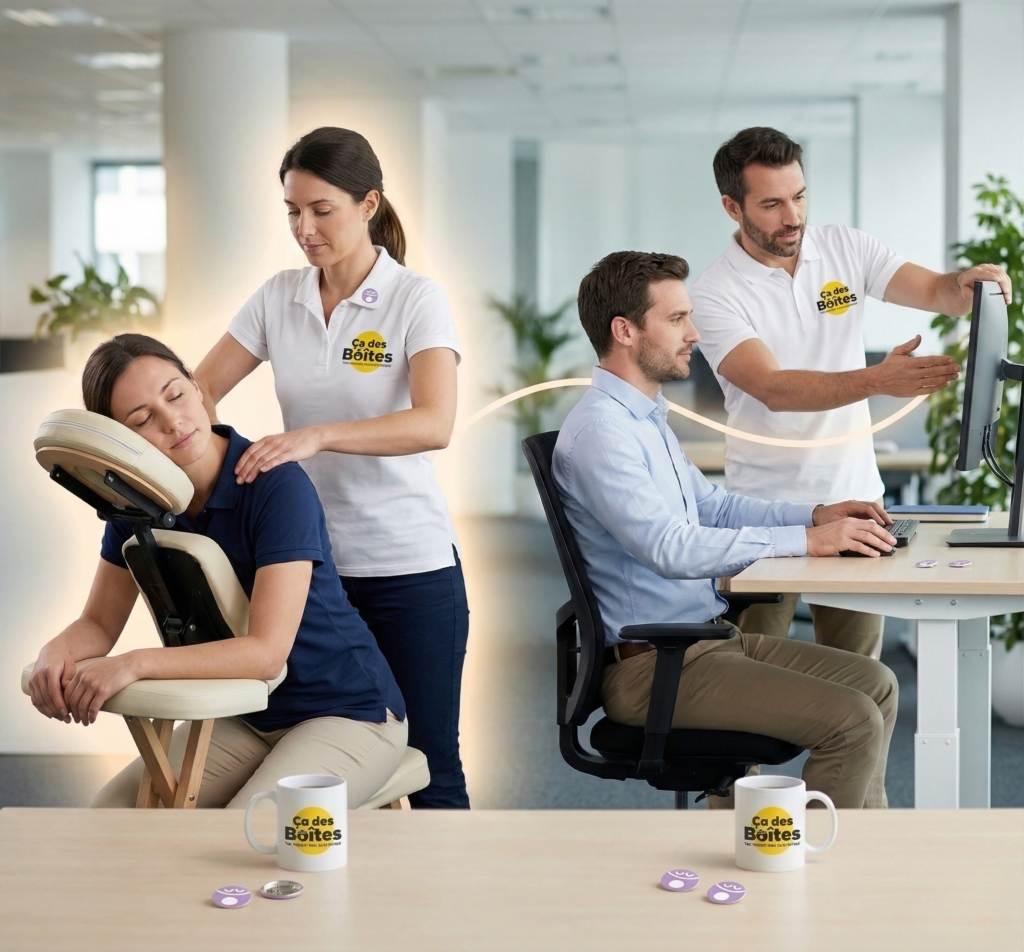 Employés Ça Des Boîtes bénéficiant d'un massage assis et d'une formation en ergonomie pour prévenir les TMS
