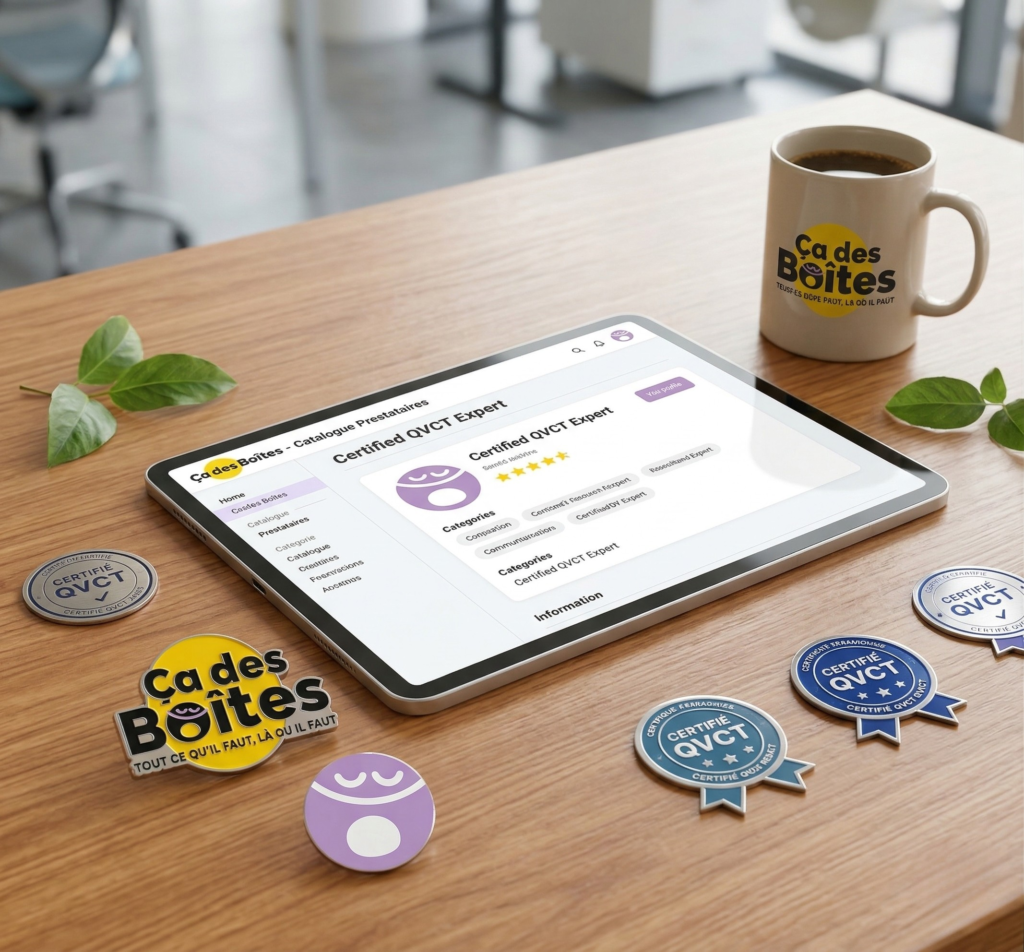Catalogue de prestations Ça Des Boîtes affiché sur tablette avec les badges de certification QVCT et les logos de la marque.