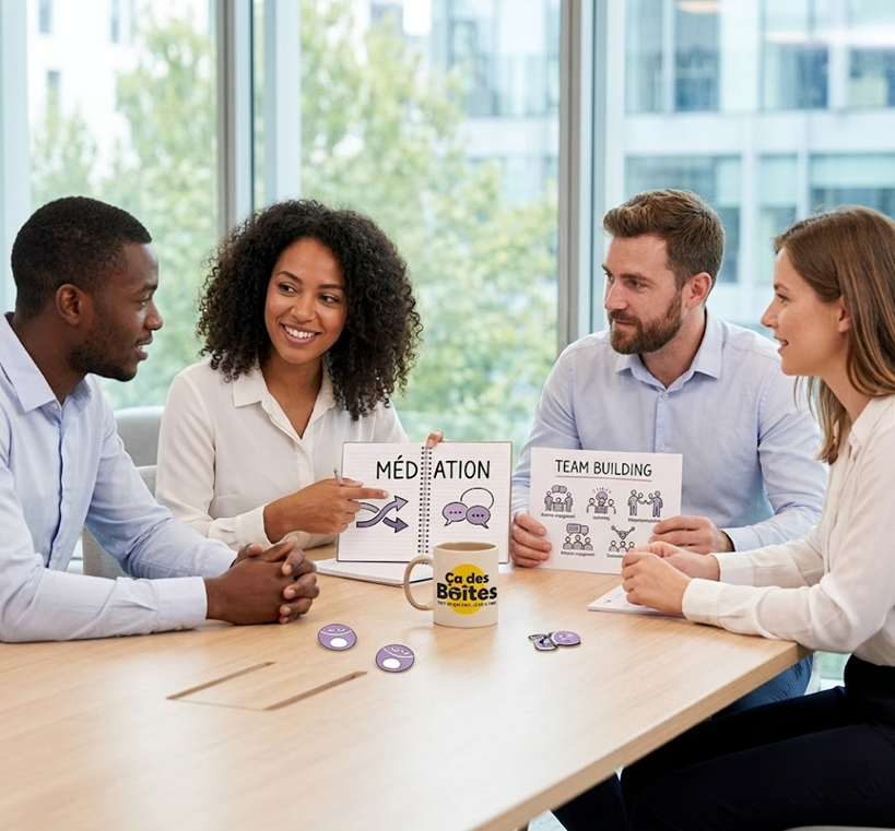 Collaborateurs Ça Des Boîtes en atelier de management, discutant médiation et team building avec le logo de l'entreprise sur la table.